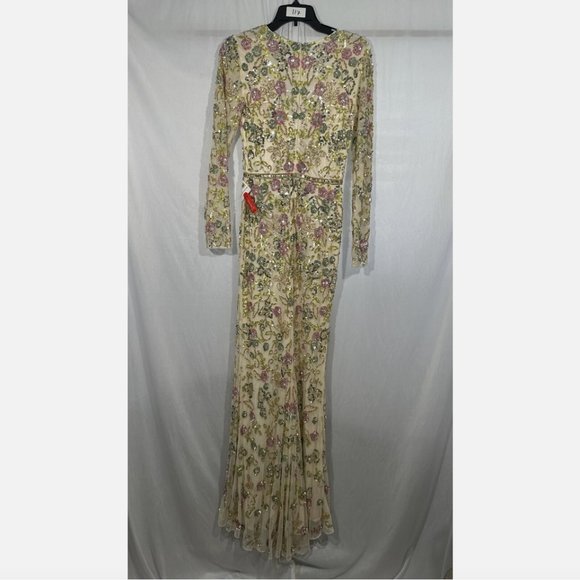 NWT $698 Mac Duggal [ 4 ] Long Sleeve Floral Embellished Gown in Nude Mult #Q633 - Picture 12 of 15